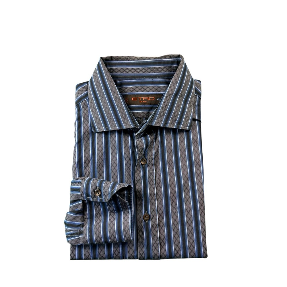 ETRO Milano Mens Gray Blue Striped Cotton Button Front Shirt 43 Made in Italy
